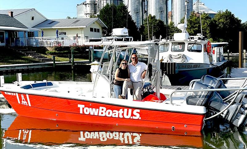 (L to R) Katie Parker and Capt. Christopher Parker aboard a TowBoatUS Reedville response vessel photo copyright Scott Croft taken at  and featuring the Power boat class