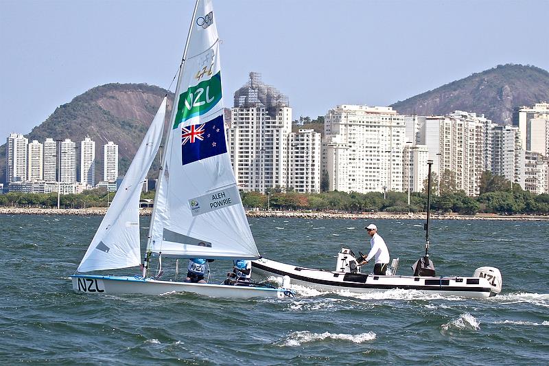 Coach Nathan Handley gives 2016 Olympic Silver Medalists Jo Aleh and Polly Powrie the latest wind information off WindBot before the start of the Medal Race at the 2016 Olympic Regatta - photo © Richard Gladwell