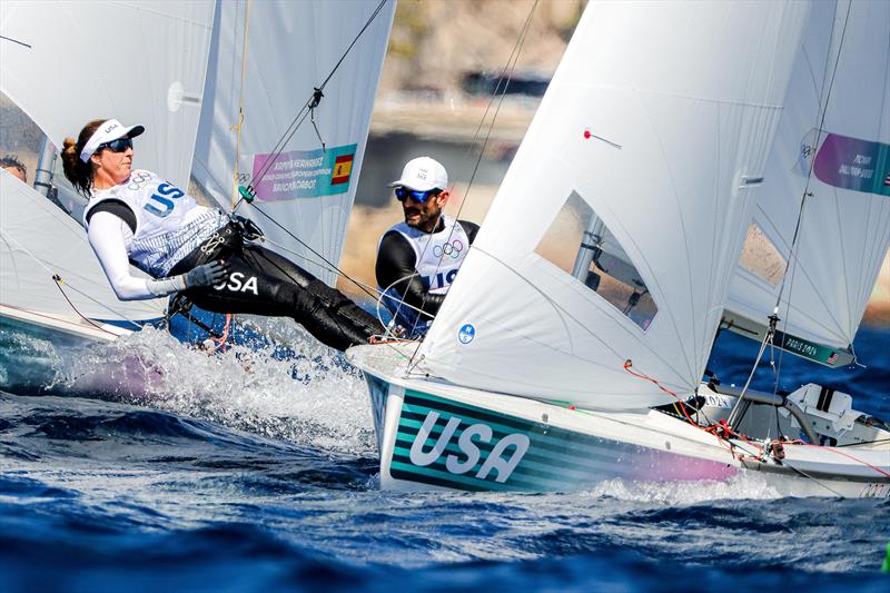 Lara Dallman-Weiss (Shoreview, MN) and Stu McNay (Providence, RI) approach the windward mark on day two of the Mixed Dinghy sailing event at the Paris 2024 Olympics - photo © Sailing Energy / US Sailing Team