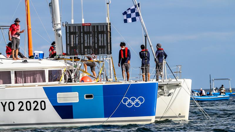 Tokyo2020 - Day 3 - July, 27, - Enoshima, Japan. The Abandonment signal is hoisted on Race 2 of the 49ers photo copyright Richard Gladwell - Sail-World.com / nz taken at Takapuna Boating Club and featuring the 49er class