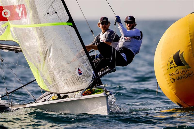 Ian Barrows (St. Thomas, USVI) and Hans Henken (Coronado, Calif.) rounding the leeward gate - 2021 49er, 49erFx and Nacra17 World Championships photo copyright Sailing Energy / Pedro Martinez taken at Oman Sail and featuring the 49er class