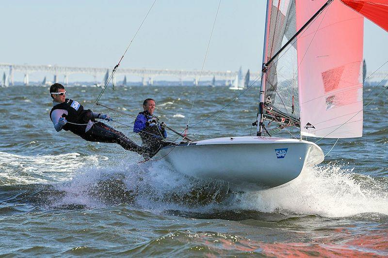 AJ Crane and Richard Mundell driving their 5o5 downwind - female helms are such a strong feature in the class - photo © Christophe Favreau / www.christophefavreau.com