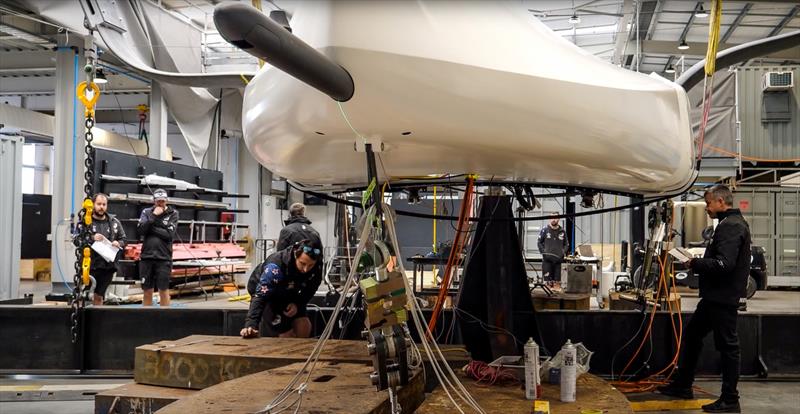 AC40 set up for stress testing, with pressure applied on mainsheet takeoff and forestay attachment -  Emirates Team NZ's AC40 - September 2022 - photo © Emirates Team NZ