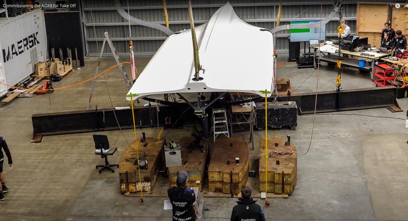 AC40 set up for stress testing, with pressure applied on mainsheet takeoff and forestay attachment -  Emirates Team NZ's AC40 - September 2022 photo copyright Emirates Team NZ taken at Royal New Zealand Yacht Squadron and featuring the AC40 class