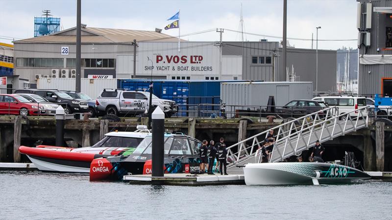 The old and the new - Emirates Team NZ's AC40 is launched across the road from the historic (100yr old) Percy Vos yard in Auckland's Wynyard Quarter - September 20, 2022 - photo © Richard Gladwell - Sail-World.com/nz