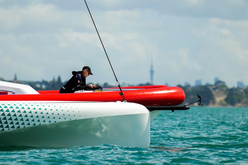 Forestay and bow - America's Cup Joint Recon Emirates Team New Zealand AC40 Day 2 - September 21, 2022 photo copyright Adam Mustill / America's Cup taken at Royal New Zealand Yacht Squadron and featuring the AC40 class