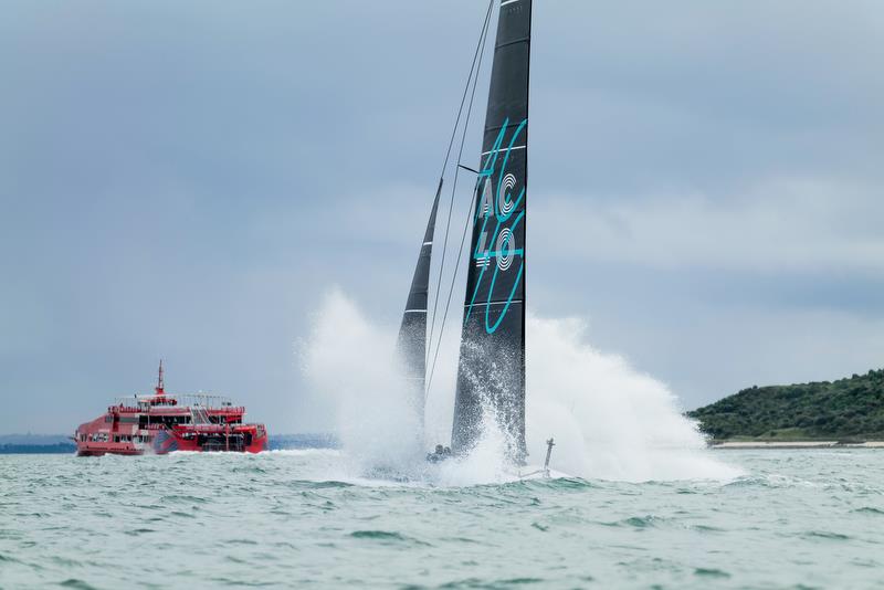 Testing in the car ferry wake - America's Cup Recon Emirates Team New Zealand  - AC40 - Day 4 - September 28, 2022 photo copyright Adam Mustill/America's Cup taken at Royal New Zealand Yacht Squadron and featuring the AC40 class