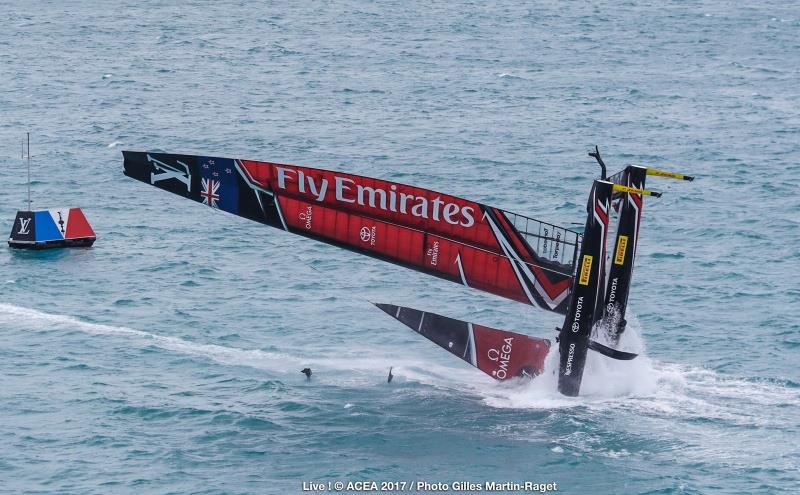 Emirates Team New Zealand capsize on the second day of the Louis Vuitton America's Cup Challenger Playoffs - photo © ACEA 2017 / Gilles Martin-Raget