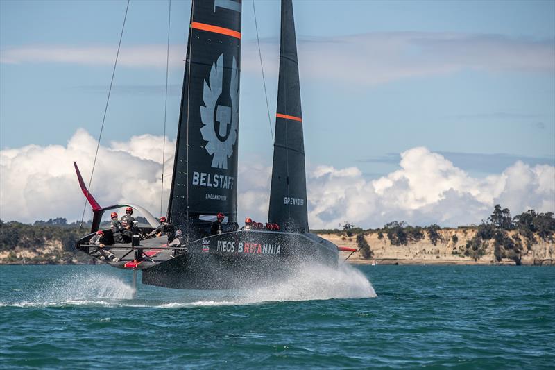 BRITANNIA takes flight in Auckland Harbour  photo copyright C Gregory taken at  and featuring the AC75 class