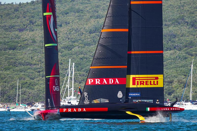 America's Cup match day 3 - Emirates Team New Zealand drop off the foils in the pre-start of race 5 - photo © ACE / Studio Borlenghi