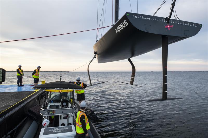 American Magic's 38ft test boat designed to be a half-scale AC75 shows the two foil arms in the lowered position and rudder aileron. When foiling the AC75 will balance on just one foil and the aileron. - photo © Amory Ross