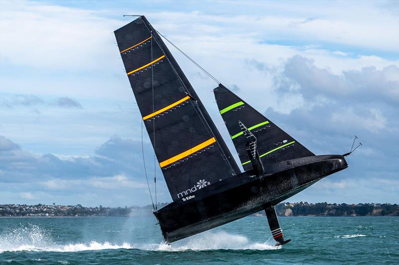 Emirates Team NZ's test boat performs a 'sky leap' completely clearing the water. The phenomenon seems to be an unintended feature of foiling monohulls. Te Kahu - Hauraki Gulf - America's Cup 36 - photo © Emirates Team New Zealand