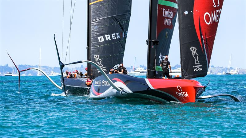 INEOS Team UK and Emirates Team New Zealand - race finish - December 21, 2020 - Waitemata Harbour - America's Cup 36 photo copyright Richard Gladwell / Sail-World.com taken at Royal New Zealand Yacht Squadron and featuring the AC75 class