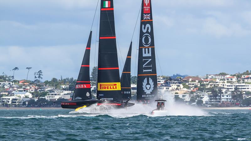 INEOS Team UK and Prada on the first leg - Waitemata Harbour - January 23, 2021 - 36th America's Cup photo copyright Richard Gladwell / Sail-World.com taken at Royal New Zealand Yacht Squadron and featuring the AC75 class