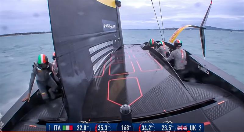 Luna Rossa's mainsail forms a good seal with the cockpit deck, while the floating clew on the mainsail obviates the need for a main boom, encouraging a control responsive shape in the lower section of the mainsail - adding power to the rig - Luna Rossa - photo © AC36TV