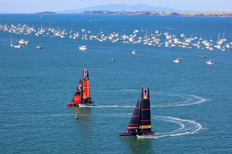 AC75's racing with superyacht s in the background - 36th America' Cup photo copyright Carlo Borlenghi taken at Royal New Zealand Yacht Squadron and featuring the AC75 class