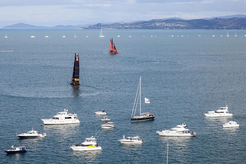 Birds eye view of AC75 racing with spectating vessels - 36th America' Cup - photo © Carlo Borlenghi