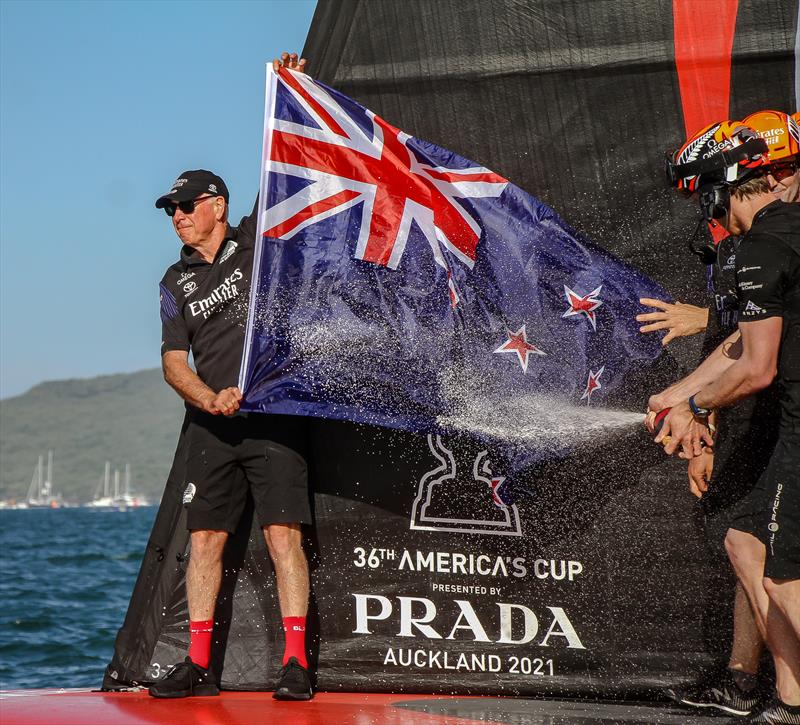 Sir Stephen Tindall, Emirates Team NZ - America's Cup - Day 7 - March 17, 2021, Course A photo copyright Richard Gladwell / Sail-World.com taken at Royal New Zealand Yacht Squadron and featuring the AC75 class