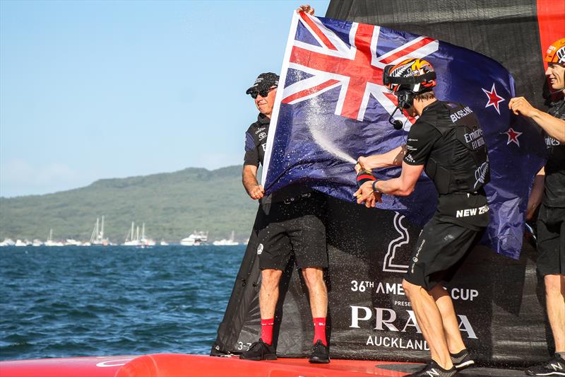 The Chairman get hosed in champagne by the skipper after Emirates Team NZ successful defence of the - America's Cup - Day 7 - March 17, , Course A photo copyright Richard Gladwell / Sail-World.com / nz taken at Royal New Zealand Yacht Squadron and featuring the AC75 class