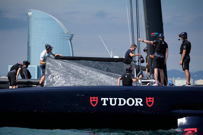 Alinghi Red Bull Racing crew gets ready for its first sailing session on August 31, in Barcelona, Spain photo copyright Xaume Olleros - Red Bull Content Pool taken at Société Nautique de Genève and featuring the AC75 class