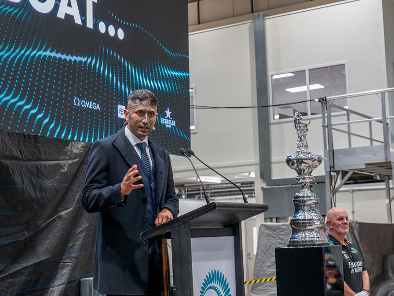 Kingi Makoare (Ngati Whatua Orakei) leads the preliminaries to the naming of Taihoro, including the correct prnounciation - April 18, 2024 photo copyright James Somerset/Emirates Team NZ taken at Royal New Zealand Yacht Squadron and featuring the AC75 class