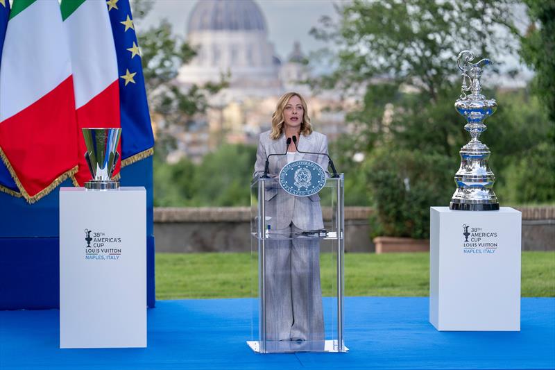 Italian Prime Minister Giorgia Meloni with the America's Cup at the Presentation Ceremony in Rome - May 26, 2025 - photo © Ian Roman / America's Cup