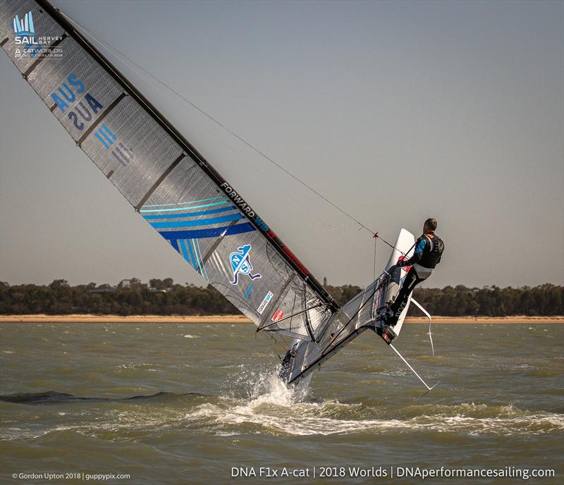 Glenn Ashby turns on some aerobatics - Final day 2018 A Class Catamaran Worlds, Hervey Bay, Queensland photo copyright Gordon Upton / www.guppypix.com taken at Hervey Bay Sailing Club and featuring the A Class Catamaran class