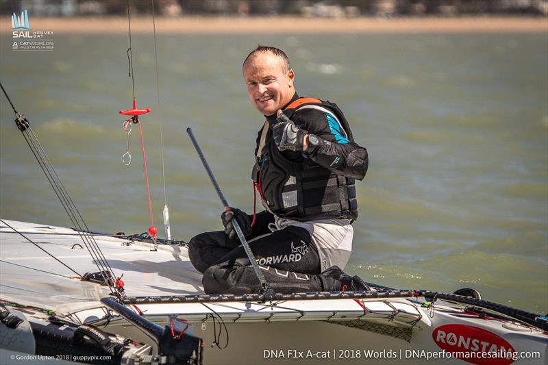 A happy Glenn Ashby with his 10th World title - Final day 2018 A Class Catamaran Worlds, Hervey Bay, Queensland photo copyright Gordon Upton / www.guppypix.com taken at Hervey Bay Sailing Club and featuring the A Class Catamaran class