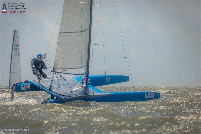 Micky Todd looks good for a 2nd place in this championship on day 3 of the Beacon Group A-Class Catamaran World Championships in Texas photo copyright Gordon Upton / www.guppypix.com taken at Houston Yacht Club and featuring the A Class Catamaran class