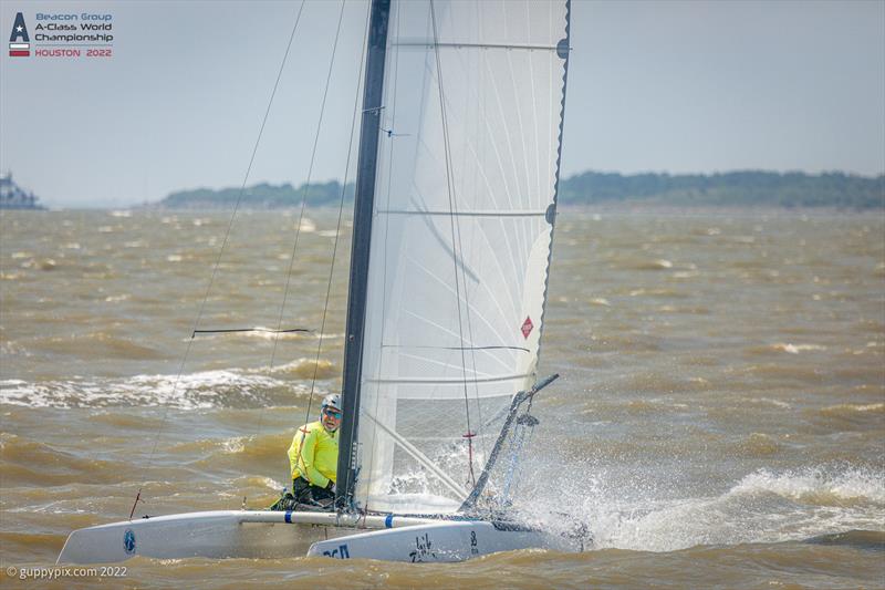 Ken Marshack USA 192 finishes the first race in the short bay chop on day 3 of the Beacon Group A-Class Catamaran World Championships in Texas - photo © Gordon Upton / www.guppypix.com