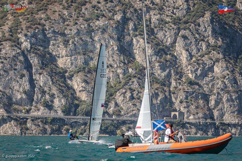 A few boats mistakenly sailed inside the replacement spreader mark on their first Open foiler race and received DNC for their efforts - A-Class European Championships day 4 photo copyright Gordon Upton / www.guppypix.com taken at Circolo Vela Arco and featuring the A Class Catamaran class
