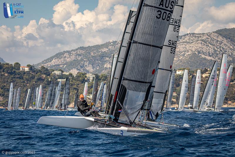 A-Cat Worlds at Toulon, France Day 4 - Andrew Landenberger AUS 308 nails the pin like a true champion yet again photo copyright Gordon Upton / www.guppypix.com taken at Yacht Club de Toulon and featuring the A Class Catamaran class