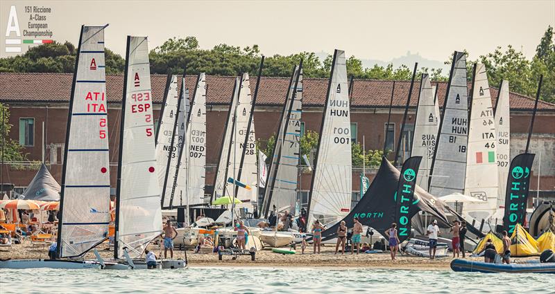 Beach landings - A-Class Cat European Championships at Riccione - Practice Race - photo © Gordon Upton / www.guppypix.com