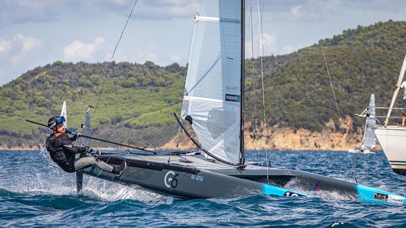 Scheurer Team sailor and Swiss Champ Robin Maeder, SUI 7 is sailing a Classic this time, with the latest foil designs - photo © Gordon Upton / www.guppypix.com