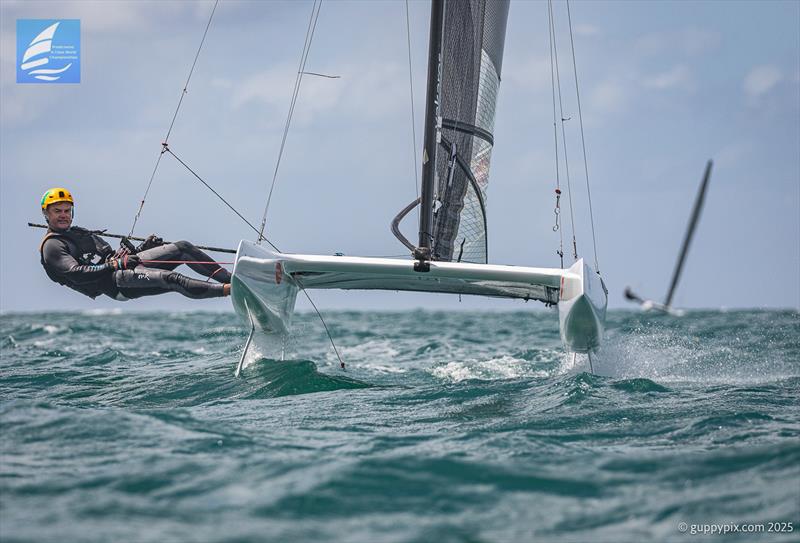 PredictWind A-Class Cat Worlds 2025 Day 4 - Darren Bundock finishes the day at the top mark and heads for home - photo © Gordon Upton / www.guppypix.com
