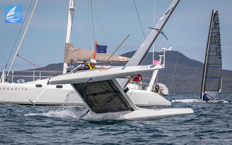 Kuba Surowiec accedentally capsizes at the line as triple World Champion .- Day 5 Predictwind A-Class Catamaran World Championships - Milford, NZ - November 16, 2025 - photo © Gordon Upton / www.guppypix.com