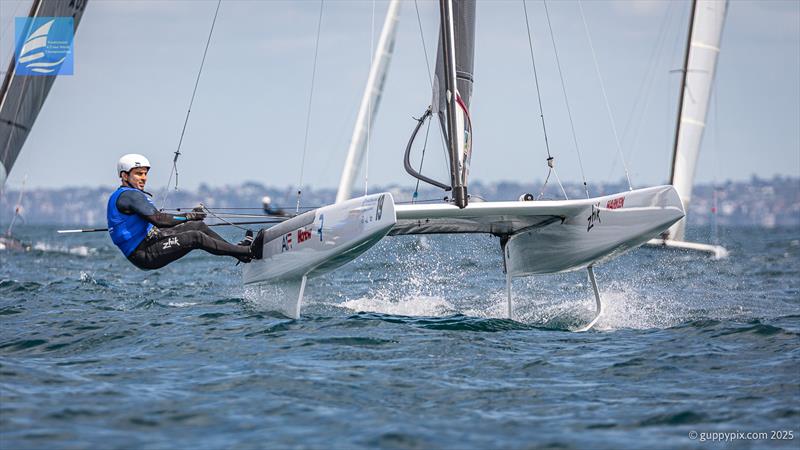 Ravi Parent comes into the finish to get the bullet in the second race of the day .- Day 5 Predictwind A-Class Catamaran World Championships - Milford, NZ - November 16, 2025 - photo © Gordon Upton / www.guppypix.com