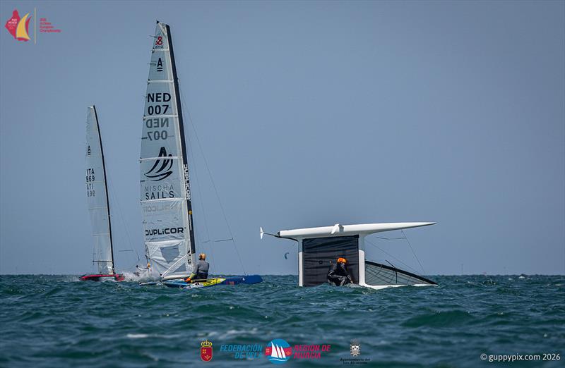 A Class Catamaran Europeans Practice Race - Mischa Heemskerk, NED 7 has an unusual DN Iceyacht style bendy rig and is experimenting at these championships. It is designed for more power control - photo © Gordon Upton / www.guppypix.com