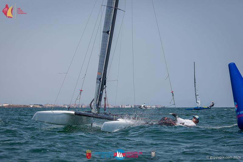 A Class Catamaran Europeans Practice Race - World Classic Champ Jacek Noetzel, POL, crossing the line on his Exploder Ad3 - photo © Gordon Upton / www.guppypix.com