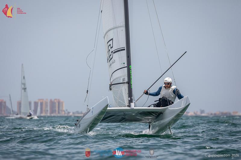 A Class Catamaran Europeans Day 2 - Former ITA champion, Marco Anessi about to gybe for the line - photo © Gordon Upton / www.guppypix.com