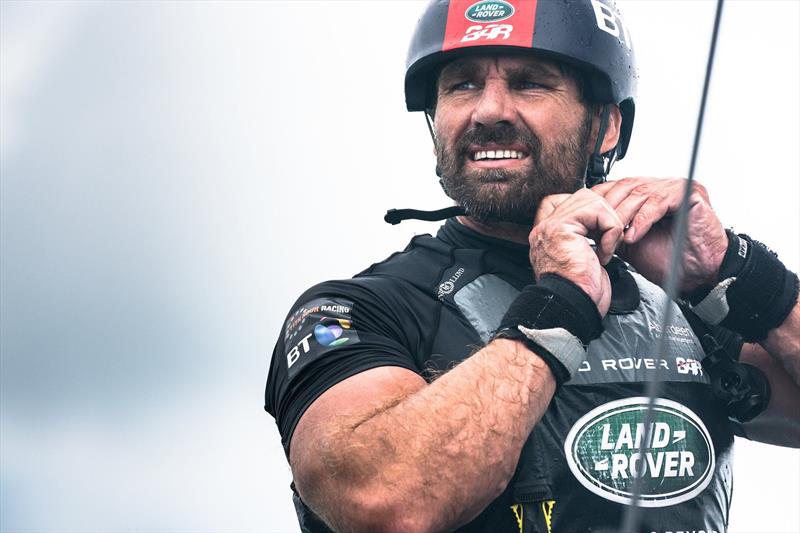 Sailing team manager and 3 time America's Cup winner Jono Macbeth unbuckles his helmet for the last time, announcing his retirement from America's Cup racing after the final race. Land Rover BAR, 35th America's Cup, Bermuda, June 2017 - photo © Harry KH / Land Rover BAR