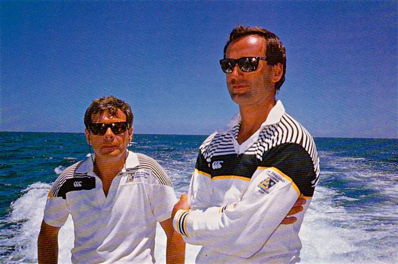 Laurent Esquier (right) as New Zealanders will remember him at the 1987 Louis Vuitton Cup in Fremantle with ace PR man Peter Debreceny (left) - photo © Bruce Jarvis - FotoPacific