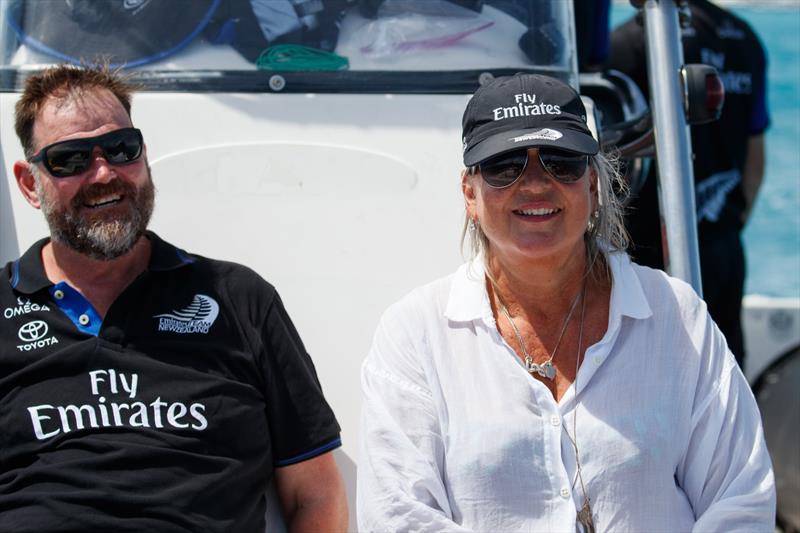 Tina Symmans with fellow ACE Board Member, Greg Horton aboard an ETNZ chase boat in Bermuda photo copyright Emirates Team New Zealand taken at New York Yacht Club and featuring the ACC class