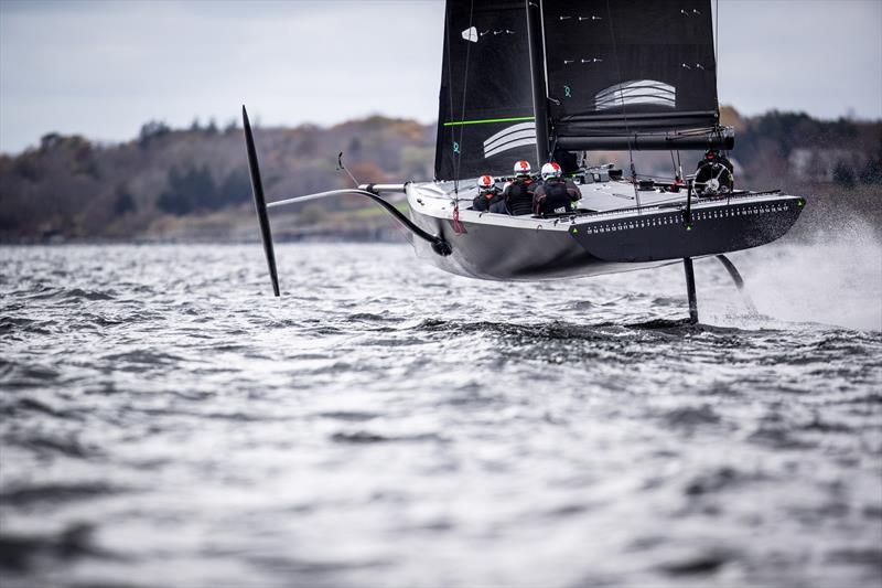  `The Mule` American Magic's surrogate boat in flight and canted to windward photo copyright Amory Ross taken at New York Yacht Club and featuring the ACC class