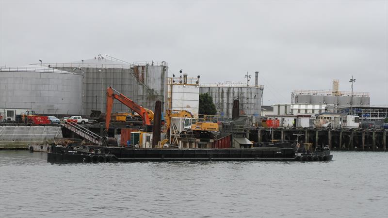 Dredge working in Base area on Wynyard Point - America's Cup Bases, Auckland, March 8, 2019 photo copyright Richard Gladwell taken at  and featuring the ACC class