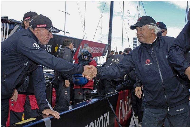 Emirates Team New Zealand's Grant Dalton shakes hands with Brad Butterworth after ETNZ beat Alinghi to win the Louis Vuitton Pacific Series. The two are now on opposite sides of the AC36 organisation photo copyright Chris Cameron / ETNZ www.chriscameron.co.nz taken at Royal New Zealand Yacht Squadron and featuring the ACC class