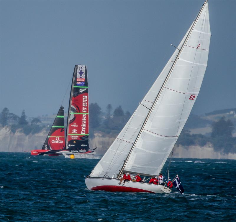 Ranger - A class champion from 1938 to 1967 is crossed by Te Rehutai - February 5, 2021 - Waitemata Harbour photo copyright Richard Gladwell / Sail-World.com taken at Royal New Zealand Yacht Squadron and featuring the ACC class