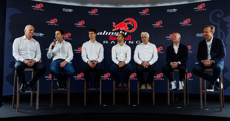 (R to L) Ernesto Bertarelli, Hans-Peter Steinacher, Brad Butterworth, Arnaud Psarofaghis, Bryan Mettraux, Silvio Arrivabene, Pierre-Yves Jorand of Alinghi Red Bull Racing  - photo © Red Bull Media