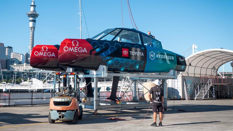 Emirates Team New Zealand's Hydrogen powered foiling chase boat is launched from the team's base - May 2022 - photo © Emirates Team New Zealand