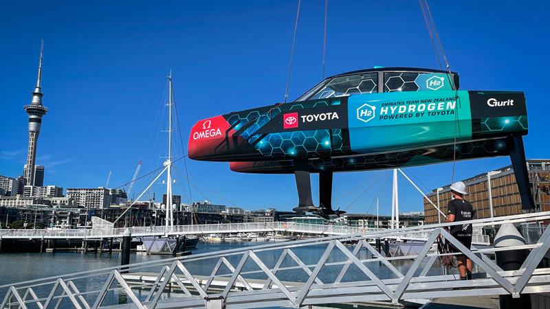 Emirates Team New Zealand's Hydrogen powered foiling chase boat is launched from the team's base - May 2022 photo copyright Hamish Hooper / Emirates Team New Zealand taken at Royal New Zealand Yacht Squadron and featuring the ACC class